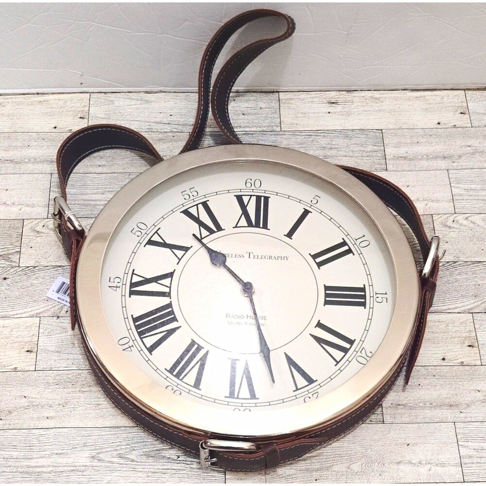 K & K Interiors Round Strap Hanging Wall Clock Roman Numerals Quartz Metal